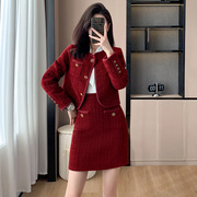 红色套装裙秋冬2023高级感法式气质小香风毛呢外套短裙两件套