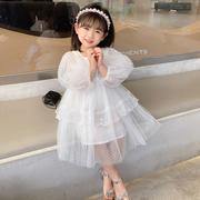 女童泡泡袖公主裙，夏季儿童白色网纱裙蕾丝，裙子甜美可爱连衣裙