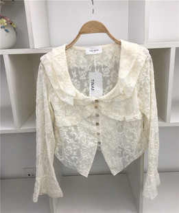 春季女士3层翻领长袖白色贝壳，扣蕾丝衫衬衫，衬衣女珍珠雪纺网纱衫