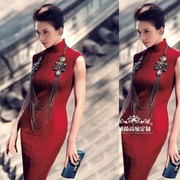 高级定制红色羊毛立领无袖旗袍，修身款优雅复古风时尚大牌礼服裙新