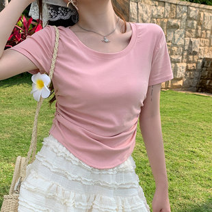 粉色短袖t恤女2024夏季设计感小众修身抽绳弧形下摆上衣