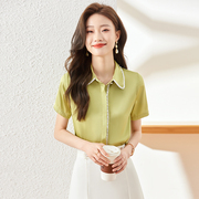 绿色衬衫女夏季短袖时尚洋气今年流行漂亮小衫职业装上衣雪纺衬衣