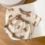 ins21夏款韩国婴儿可爱卡通熊短袖(熊，短袖)t恤上衣，+短裤男女宝宝2件套装