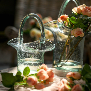 左岸麦田包包花瓶水滴纹气泡，手提篮玻璃，花瓶创意ins风餐桌摆件