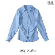 蓝色衬衫女袖口褶皱收腰显瘦设计感长袖上衣尖领内搭衬衣