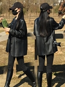 黑色皮衣女外套春秋中长款2023高级感风衣显瘦西装皮夹克