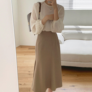韩国chic气质圆领微透宽松泡泡，袖衬衫+高腰包(高腰包，)臀过膝鱼尾边半身裙