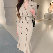 韩国chic秋季法式气质西装，领双排扣系带，收腰显瘦长袖鱼尾连衣裙女