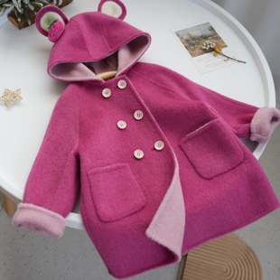 草莓熊双面(熊双面)羊毛大衣，儿童可爱卡通连帽毛呢女童中长款玫红色外套厚