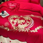 高端全棉婚庆四件套六件套新婚床上用品多件套纯棉结婚用大红刺绣