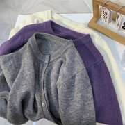 仿羊绒质感纯色圆领，长袖针织衫开衫，女韩版秋冬深紫色短款上衣外套