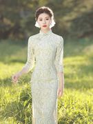 绿色旗袍2024新中式改良年轻款少女蕾丝，日常可穿连衣裙春秋季