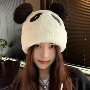 可爱熊猫耳朵毛绒帽(毛绒帽，)子女秋冬季保暖护耳羊羔绒百搭显脸小针织帽子