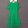 外贸单 夏季女装绿色雪纺连衣裙 圆领荷叶袖收腰大裙摆a字裙