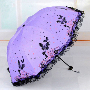 蕾丝花边遮阳伞时尚小巧折叠晴雨两用太阳伞黑胶，户外女式超轻雨伞