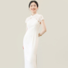 tansshop中式旗袍裙白色微透蕾丝，拼接盘扣收腰直筒中长裙连衣裙