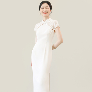 TANSSHOP 中式旗袍裙 白色微透蕾丝拼接盘扣收腰直筒中长裙连衣裙