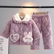 冬季儿童睡衣法兰绒加厚夹棉套装女童宝宝长毛绒，小白兔保暖家居服