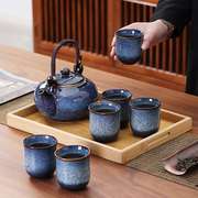 陶瓷茶具套装茶壶茶杯家用景德镇颜色釉提梁壶现代简约1壶6杯