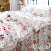 韩式田园公主风粉玫瑰，花卉蕾丝全棉纯棉，床裙款床上用品被套四件套