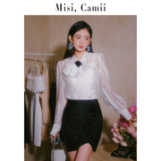 Misi Camii半透明立体玫瑰花丝绸上衣蝴蝶结泡泡袖白色优雅衬衫女