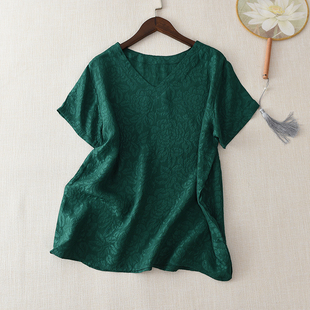 墨绿浮雕纹冠乐绉真丝上衣重磅，桑蚕丝立体花，t恤短袖简约女衬衣夏