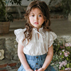 韩版女童衬衫夏洋气(夏洋气，)女孩纯棉短袖t恤儿童立领蝴蝶结公主蕾丝上衣