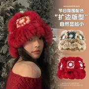 红色毛绒帽(毛绒帽)秋冬兔毛醒狮帽子女，2023圣诞新年毛茸茸针织渔夫帽