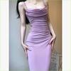御姐范法式(范法式)紫色吊带裙，女纯欲褶皱显瘦包臀裙气质名媛风长裙连衣裙