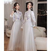 中式伴娘服2023秋冬中国风婚礼姐妹团冬款长袖礼服女蕾丝加绒