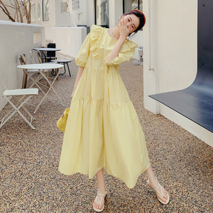 2022夏季柠檬黄裙设计感木耳边蛋糕连衣裙女森系法式复古宽松长裙