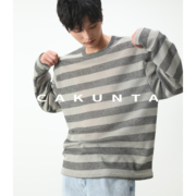 CAKUNTA  慵懒风廓形双色拼接设计透气镂空针织条纹长袖T 打底