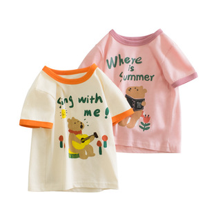 男童女童短袖T恤中小童小熊花朵字母粉红米杏棉拼色t1岁2岁3岁4岁