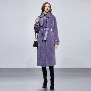2023冬季时尚气质双排，扣拼接设计紫色，中长款显瘦羊毛皮草外套