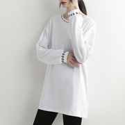 纯棉中长款长袖t恤女春秋设计感领口字母上衣卫衣内搭白色打底衫