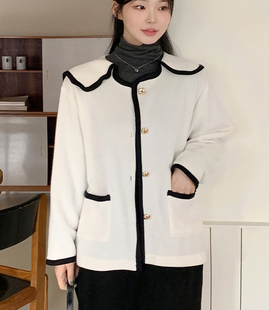 韩国大码女装2023冬装时尚娃娃领系扣宽松淑女开衫外套特