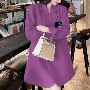 2024春季大码女装紫色西装外套韩版胖mm宽松高级感中长款西服