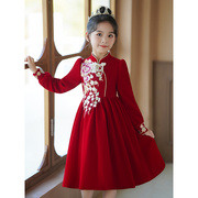 女童高端礼服公主裙冬季女孩，洋气儿童红色裙子冬款加绒连衣裙