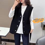 黑色纯色v领牛仔马甲女秋季韩版常规版棉质单排扣背心坎肩外套潮