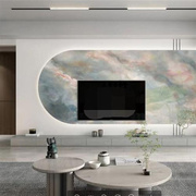 瓷砖背景墙大型山水风景，画迎客松简约中式客厅，岩板悬空电视背景墙