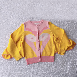 个性蝙蝠翅膀袖针织开衫，2023春款女童，纯棉粉黄色提花薄毛衣外套