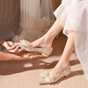 法式婚鞋女平底2024春季新娘，鞋香槟色水晶秀禾婚纱两穿不累脚