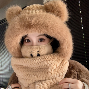 帽子围巾手套一体女秋冬季可爱毛绒小熊，三件套骑车加厚保暖围脖