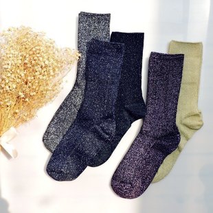 金银丝(金银丝)堆堆袜银葱时装秀，经典时尚袜纯棉，闪闪中筒袜春夏潮流女袜子