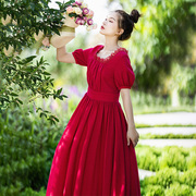 朱砂痣法式泡泡袖连衣裙，女夏季红色，长裙气质方领裙子
