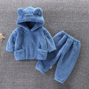 儿童秋冬季法兰绒套装，宝宝睡衣家居服，保暖连帽外穿两件套2024