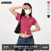 airhood玫红色火龙果v领辣妹t恤短袖小众短款正肩针织露脐上衣女