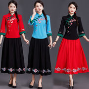 民族风女套装夏装刺绣立领，盘扣短袖上衣中国风，绣花半身裙两件套女