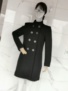 欧美高端妹家女羊毛呢中长外套立领，大衣修身双排，扣风衣黑色显瘦cd