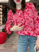 新中式国风红色印花针织，打底衫长袖2024春季套头宽松洋气上衣